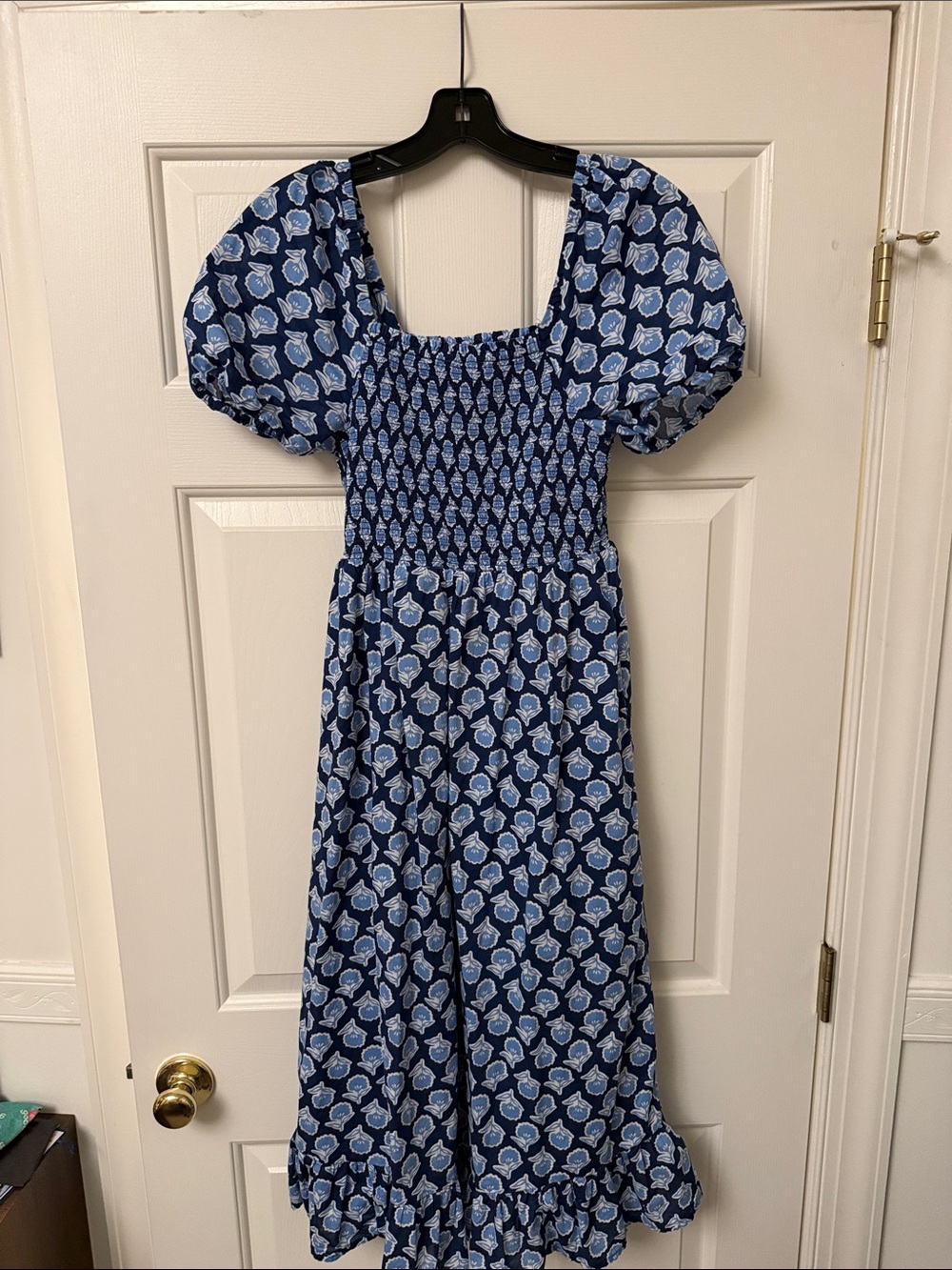 J. Crew Factory Blue Smocked Puff Sleeve Midi Dress